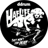 1 color white vinyl on black bass drum head.