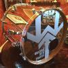 Chrome head on a chrome kit. Custom cut etched vinyl on a 22" Remo Starfire mirror chrome bass drum head.