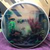Clear bass drum head with clear printing on clear wrap material to go onto a clear Ludwig Vistalite drum set.